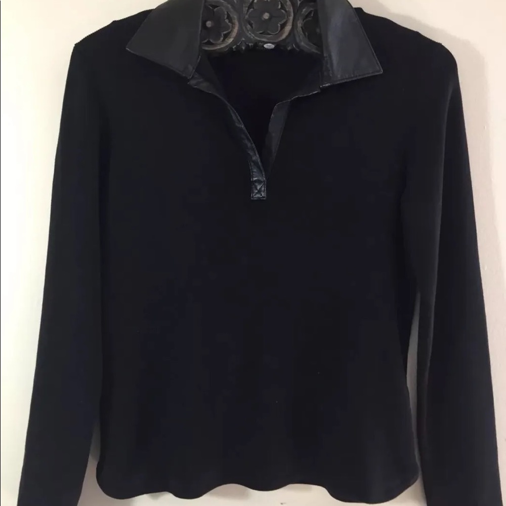 Geoffrey Beene Women Sweater Leather Collar Black Medium Silk Blend